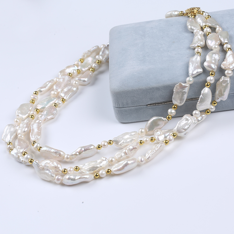 Three Row High Quality Biwa Pearl Necklace for Party