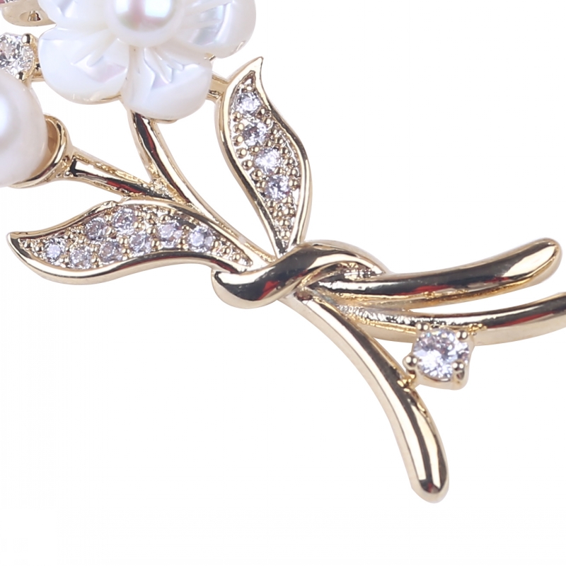 Copper Plated Real Gold with Zircon Pearl Brooch for Women