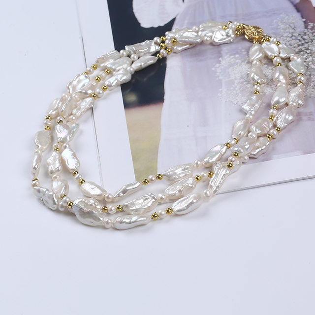 Three Row High Quality Biwa Pearl Necklace for Party