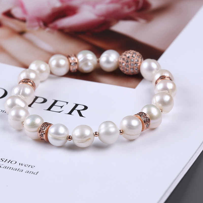 Cultured Freshwater Pearl Elastic Bracelet with CZ Accessories